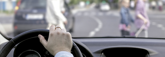 The driver and a pedestrian at a crosswalk